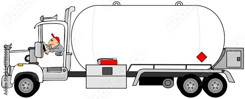 Illustration of a man driving a propane tanker truck. photo