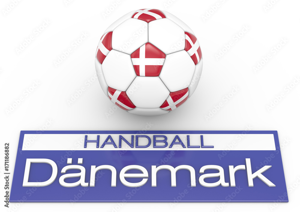 Handball mit Dänemark Flagge, Deutsche Version 2, 3D-Rendering Handball mit Dänemark Flagge, Deutsche Version 2, 3D-Rendering