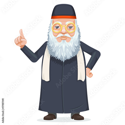 Oriental sage priest mage rabbi beard old mystery wise man secret knowledge kabbalah traditional costume cartoon character design vector illustration