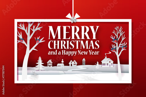 Marry Christmas horisontal paper banner with hand cut paper landscape and text greetings. Happy New Year paper art card with winter house, buildings, fir tree, birds, stars. Vector illustration. Gift