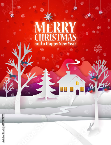 Marry Christmas paper poster with hand cut paper landscape and hipster text greetings. Happy New Year paper art card with winter house, buildings, fir tree, birds, snow and stars. Vector illustration