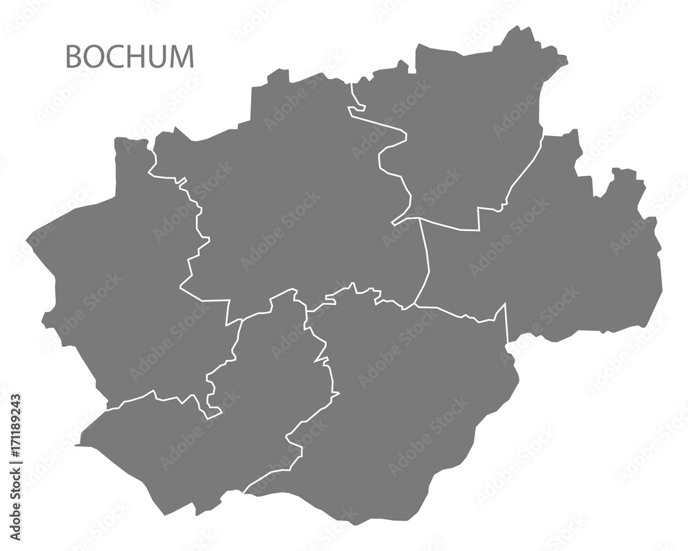 Bochum city map with boroughs grey illustration silhouette shape