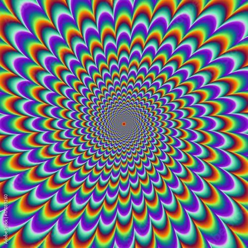 Pulsing fiery spirals. Optical illusion of movement.