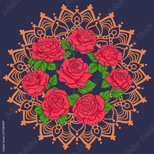 Embroidery with red roses on bllu jiens background