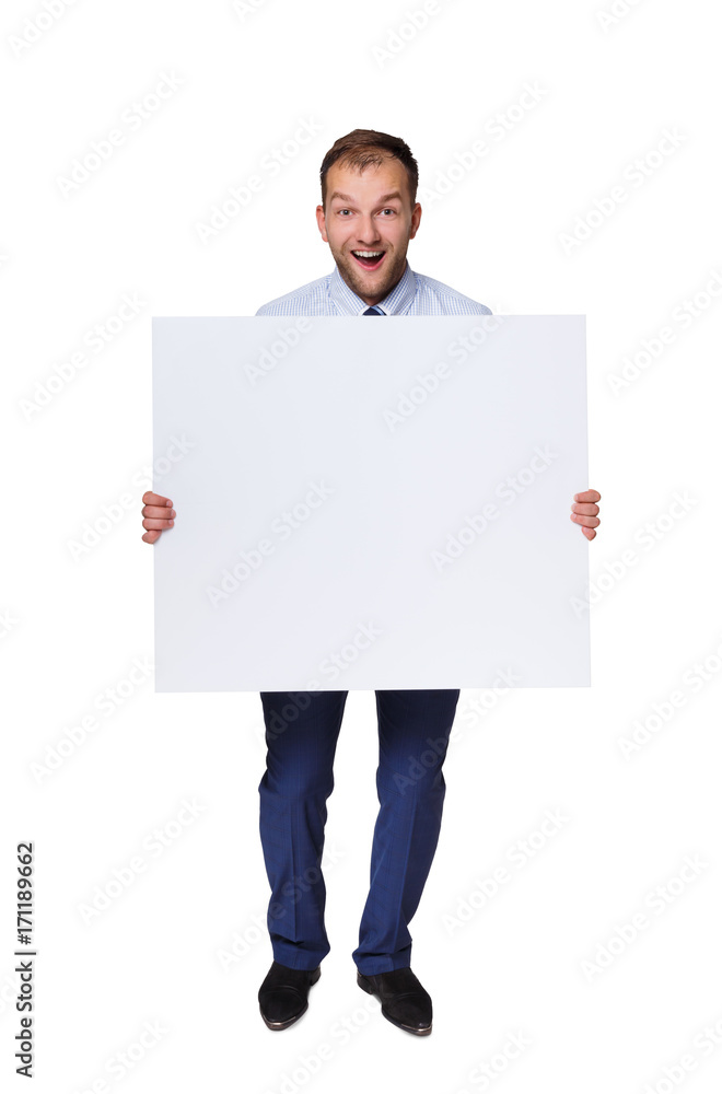 Young businessman showing blank signboard with copy space isolated on white background Young businessman showing blank signboard with copy space isolated on white background