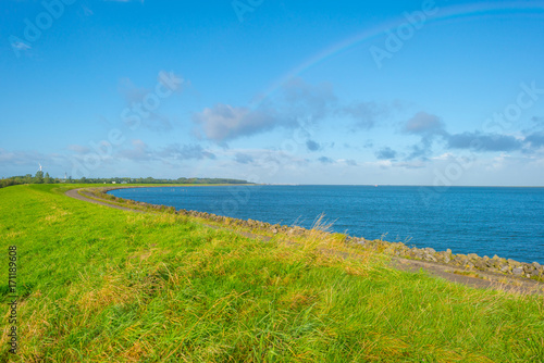 Bild auf Leinwand Dike along the shore of a lake in sunlight in summer
