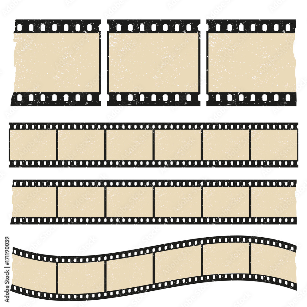 Vector retro worn torn film strips - waveform and straight strip. Insulated windows - you can create variable long straight filmstrip. Eps 10 vector file.