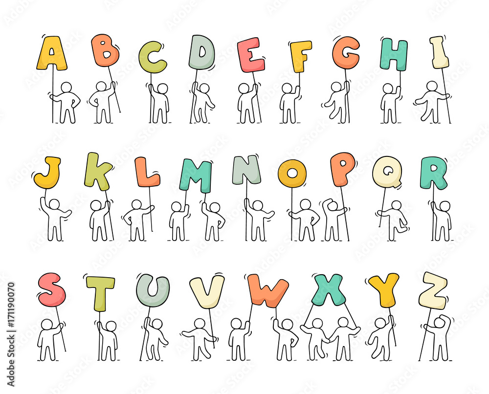 People Drawn Using Letters Cartoon icons set of sketch little people with letters. Stock Vector ...