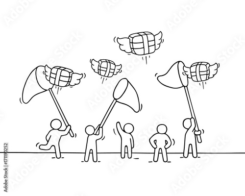 Sketch of working little people with flying gifts.