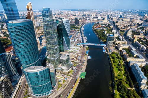 Photography Aerial view of Moscow-City tall buildings at Moskva River, Russia