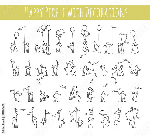 Cartoon icons set of sketch little people with party symbols.