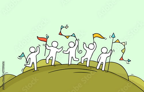  happy little people with garlands and flags