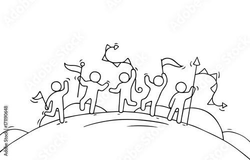 Cartoon happy little people with garlands and flags.