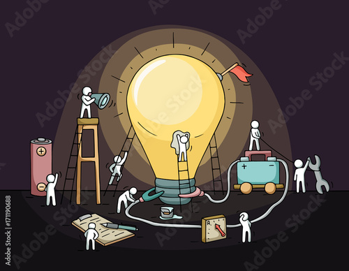 Sketch of lamp idea with crowd of little people.