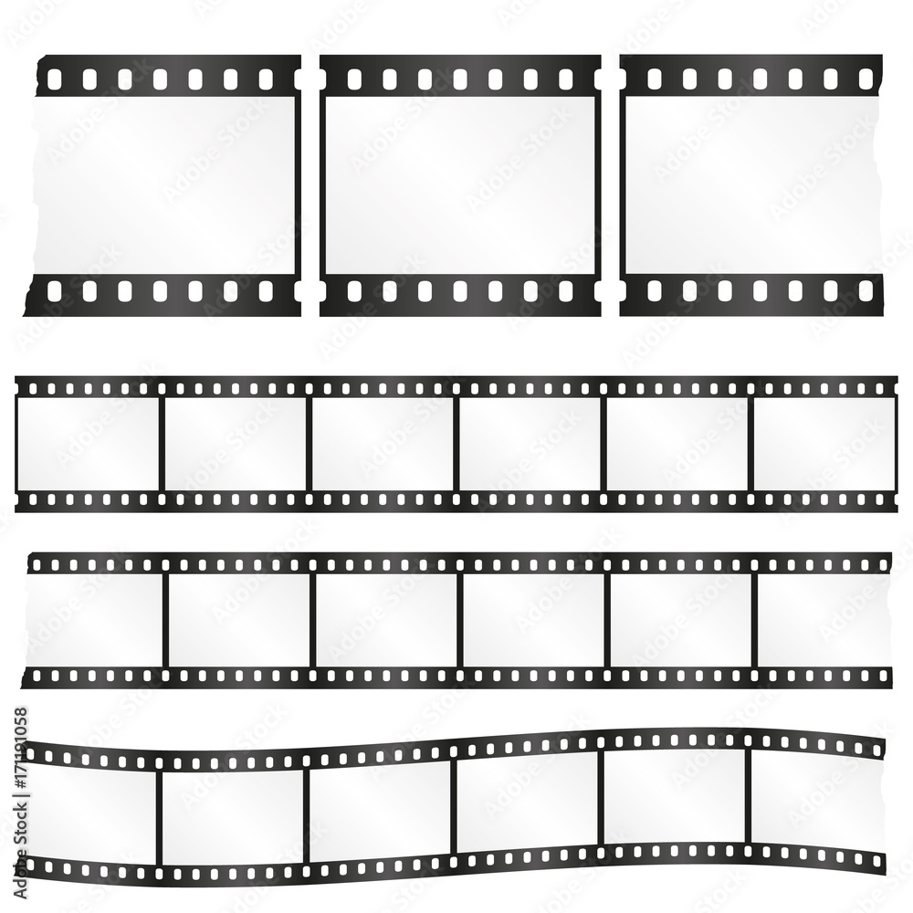 Vector worn torn film strips - waveform and straight strip. Insulated windows - you can create variable long straight filmstrip. Eps 10 vector file.