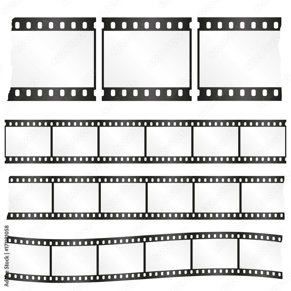 Vector worn torn film strips - waveform and straight strip. Insulated windows - you can create variable long straight filmstrip. Eps 10 vector file. Vector worn torn film strips - waveform and straight strip. Insulated windows - you can create variable long straight filmstrip. Eps 10 vector file.