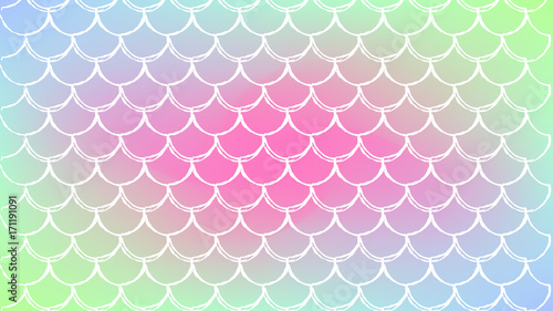 Mermaid tale on trendy gradient background. Horizontal backdrop with mermaid tale ornament. Bright color transitions. Fish scale banner and invitation. Underwater sea pattern. Rainbow colors.