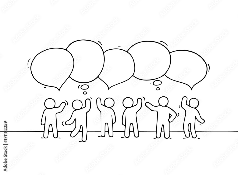 Crowd of working little people with speech bubbles. Crowd of working little people with speech bubbles.