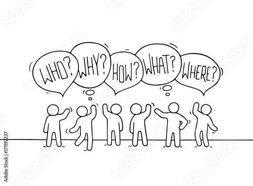 Crowd of working little people with speech bubbles.
