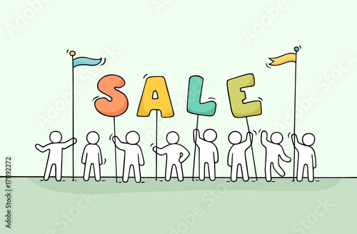 Sketch of working little people with word sale.