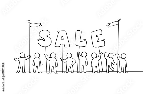 Sketch of working little people with word sale.