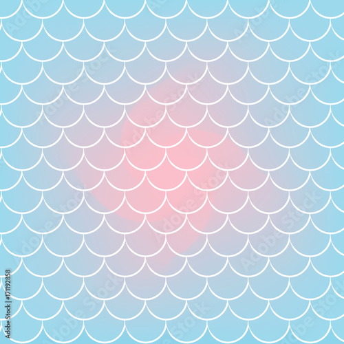 Squama on trendy gradient background. Square backdrop with squama ornament. Bright color transitions. Mermaid tail banner and invitation. Underwater and sea pattern. Warm peachy colors.