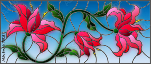 llustration in stained glass style with flowers  leaves and buds of pink lilies on a blue background