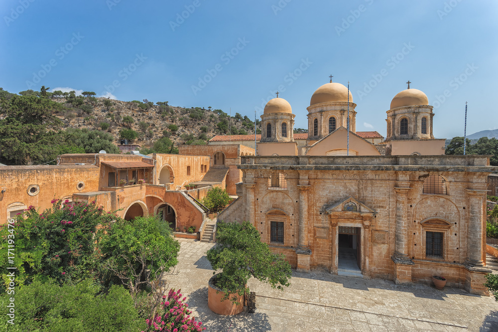Chania, Greece - August, 2017: Monastery of Agia Triada Tzagaroli in Chania region on Crete island, Greece.