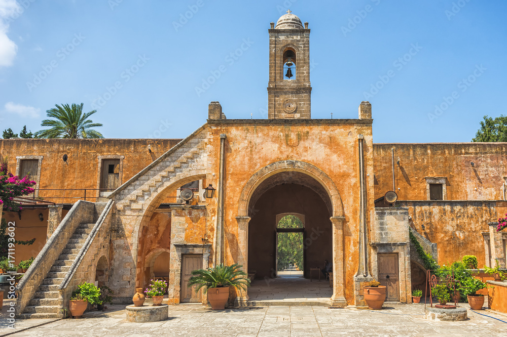 Chania, Greece - August, 2017: Monastery of Agia Triada Tzagaroli in Chania region on Crete island, Greece.