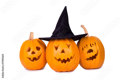 Halloween pumpkin, three funny face isolated on white background.