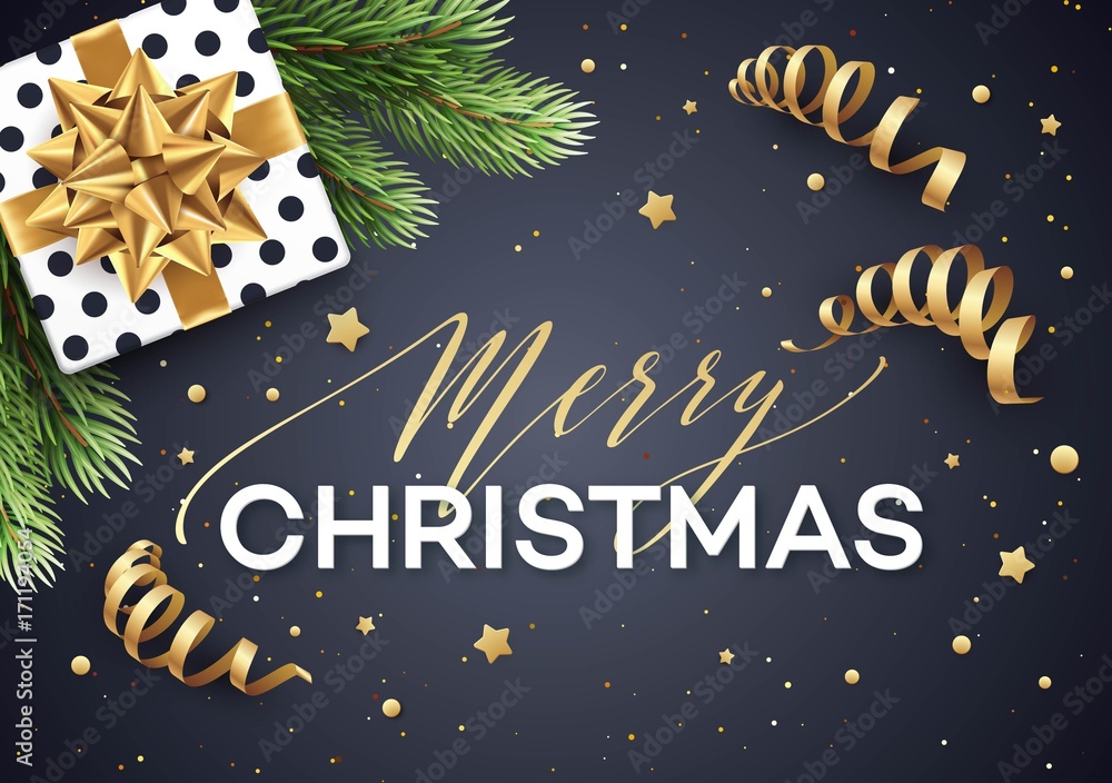 Naklejka premium Christmas background with gift box with gold bow, streamers, confetti, a sprig of Christmas tree. Template for postcard, booklet, leaflets, poster. Vector illustration