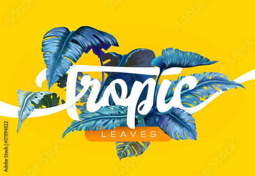 Bright tropical background with jungle plants. Exotic pattern with tropical leaves