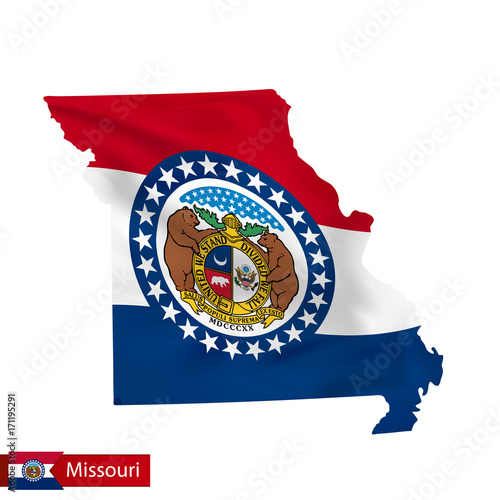 Missouri state map with waving flag of US State.