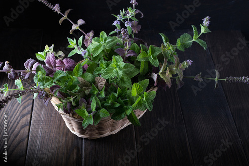 Basket with fresh green mint and two glass cups with fresh mint tea on dark background.
