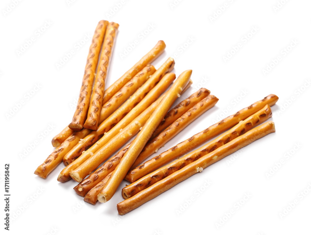 Salty cracker pretzel sticks isolated on white background