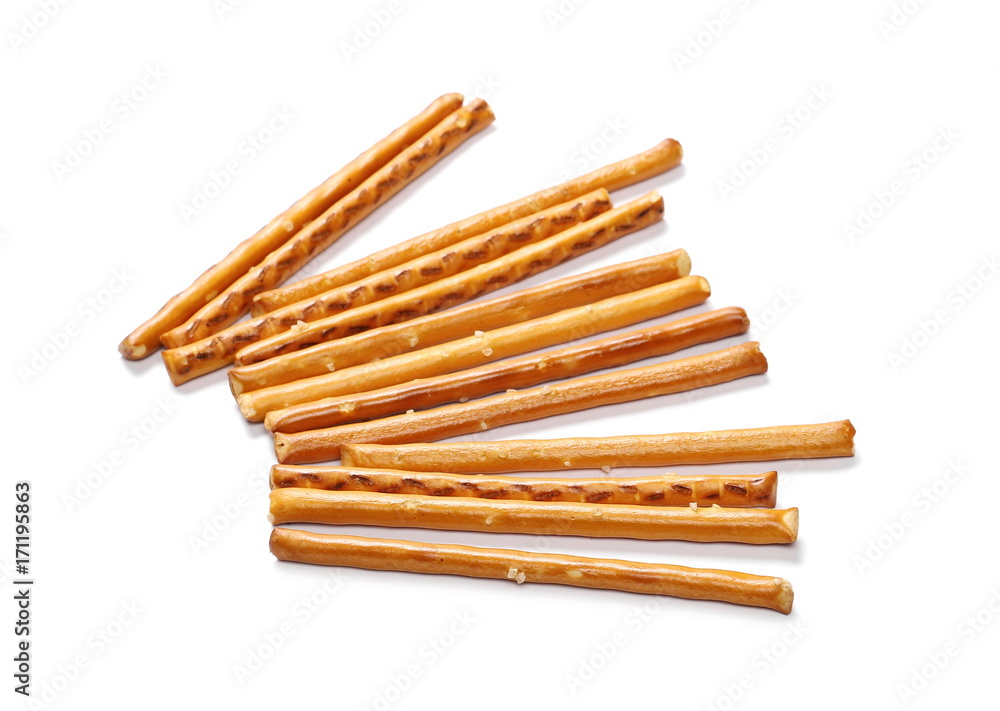 Salty cracker pretzel sticks isolated on white background