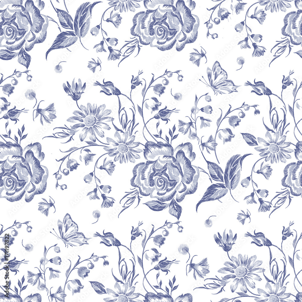 Embroidery floral seamless pattern with roses and chamomiles. Vector embroidered blue flowers for wearing design.