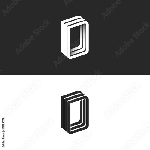 Letter D logo perspective modern typography design element, monogram isometric shape DDD emblem 3D overlapping parallel thin lines geometric form