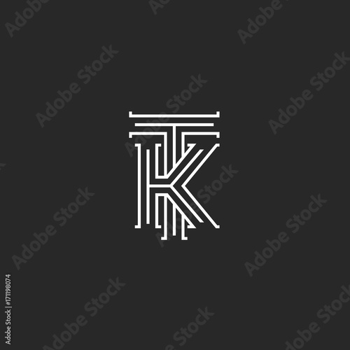 Medieval monogram TK Logo, combination initials T and K capital letters overlapping thin lines style, wedding invitation or business card KT emblem mockup
