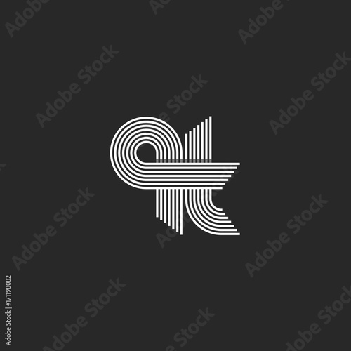 Lowercase qt letters idea logo initials monogram, hipster t and q symbols, smooth parallel thin lines minimalism style emblem