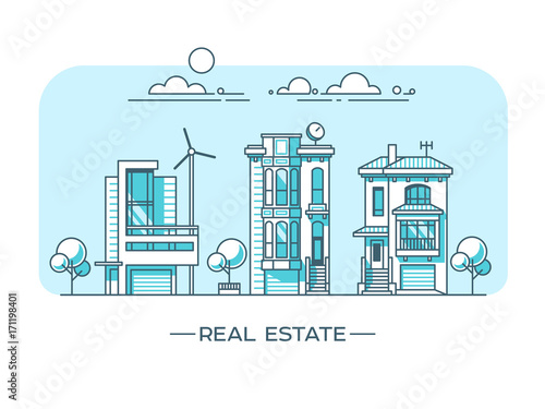 City landscape. Real estate and construction business concept with houses. Line style. Vector illustration.