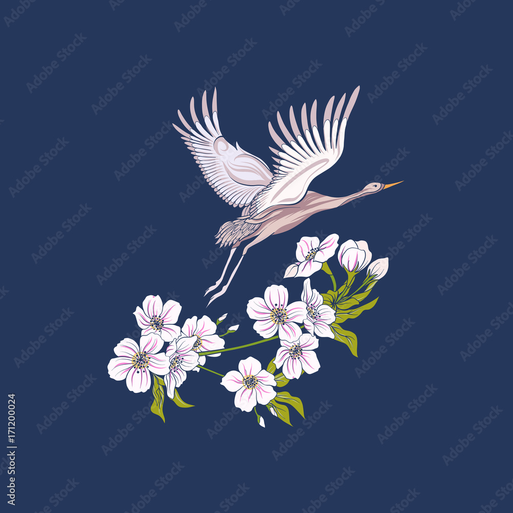 Obraz premium Flowers and crane on jeans background. Stock line vector illustr