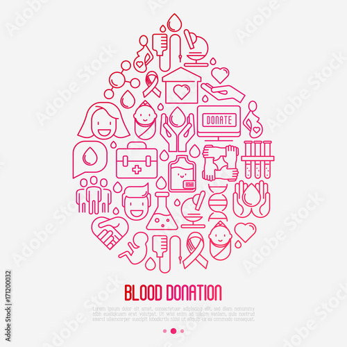 Blood donation concept: drop of blood from thin line icons. World blood donor day. Vector illustration for web page, banner, print media.