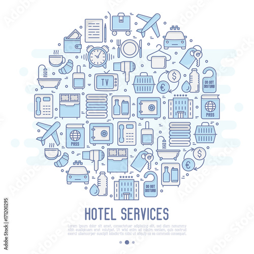 Hotel services concept in circle with thin line icons of facilities in room. Vector illustration for banner, web page, print media.