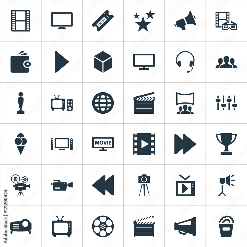 Vector Illustration Set Of Simple Cinema Icons. Elements Reel, Screen