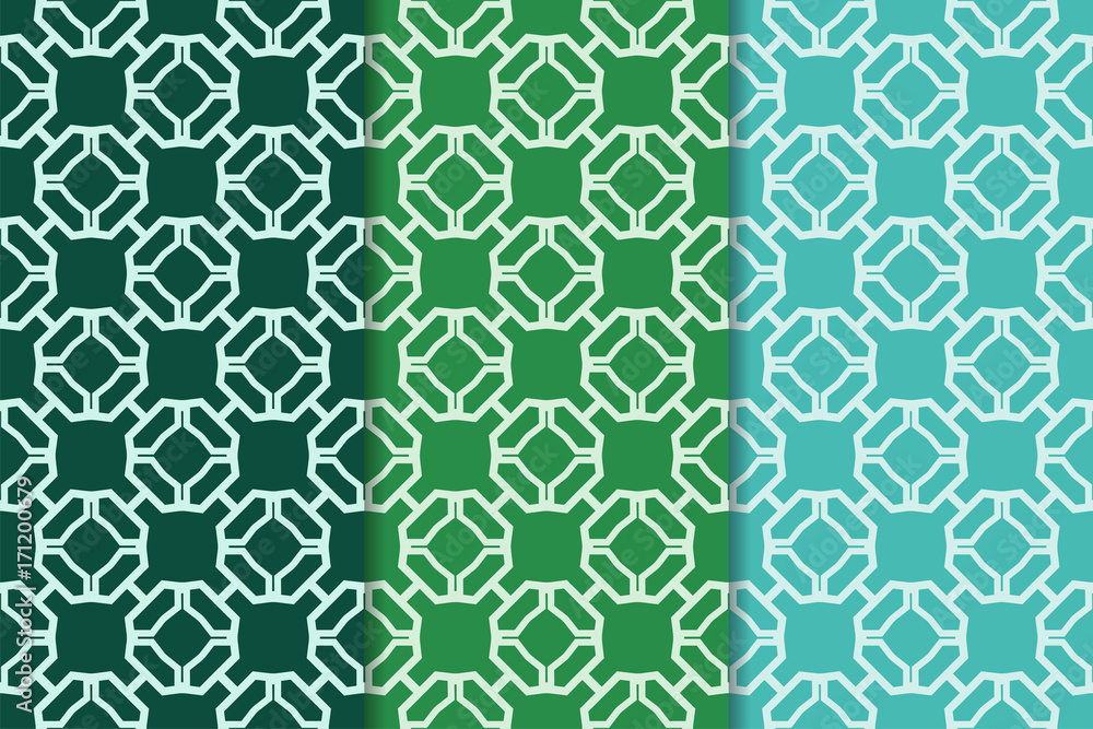 Geometric set of green seamless patterns for design