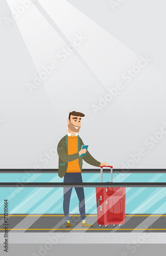 Young caucasian businessman using smartphone on an escalator at the airport. Businessman standing on an escalator with suitcase and looking at smartphone. Vector cartoon illustration. Vertical layout.