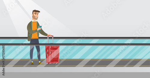 Young caucasian businessman using smartphone on an escalator at the airport. Businessman standing on escalator with suitcase and looking at smartphone. Vector cartoon illustration. Horizontal layout.