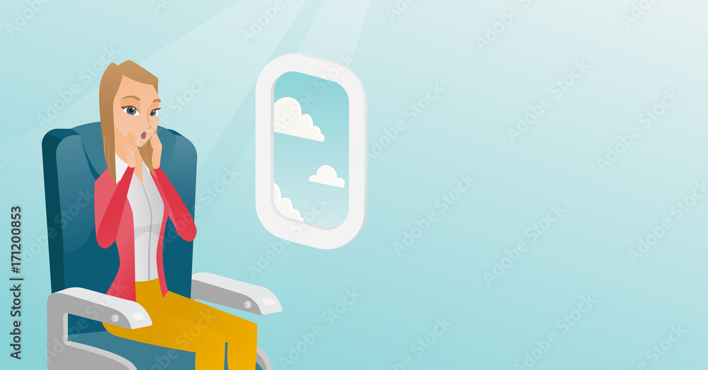 Young caucasian woman shocked by plane flight in turbulent area. Frightened airplane passenger sitting in airplane seat and suffering from aerophobia. Vector cartoon illustration. Horizontal layout.