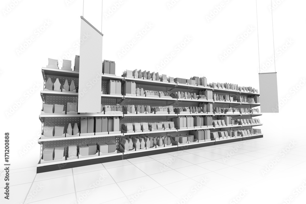 Supermarket set of shelves full of goods with hangers Supermarket set of shelves full of goods with hangers
